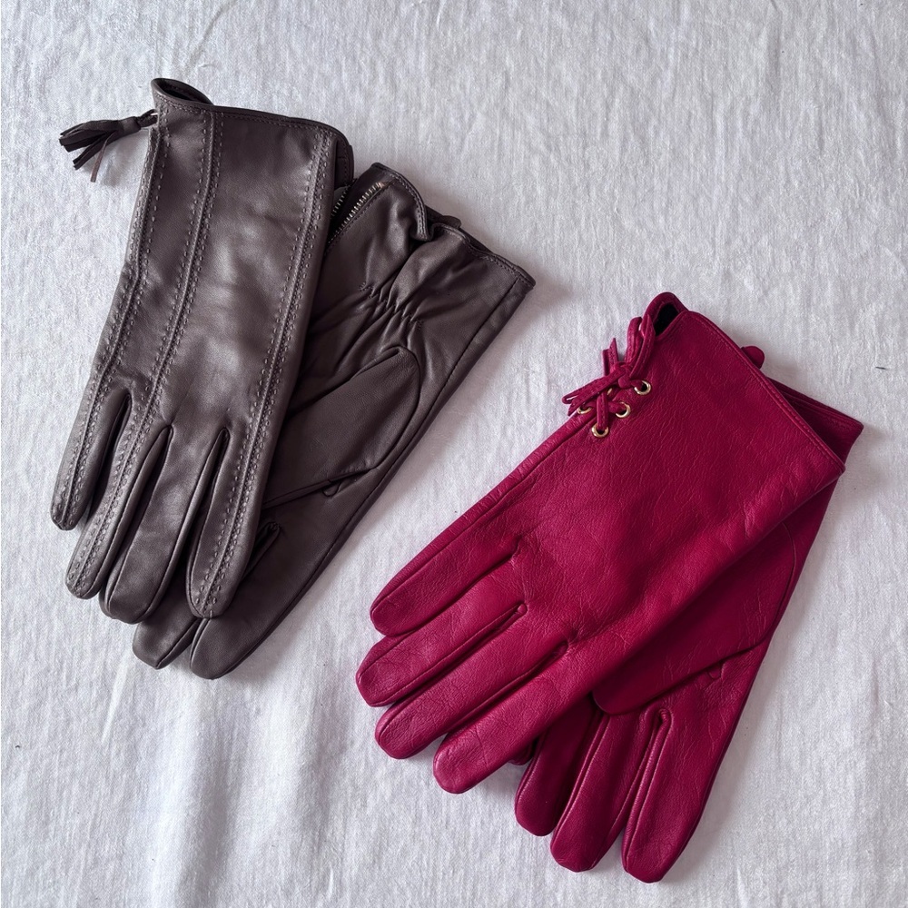 Two Pairs of Women’s Genuine Leather Lined Gloves Red/Tan. Size 8.5